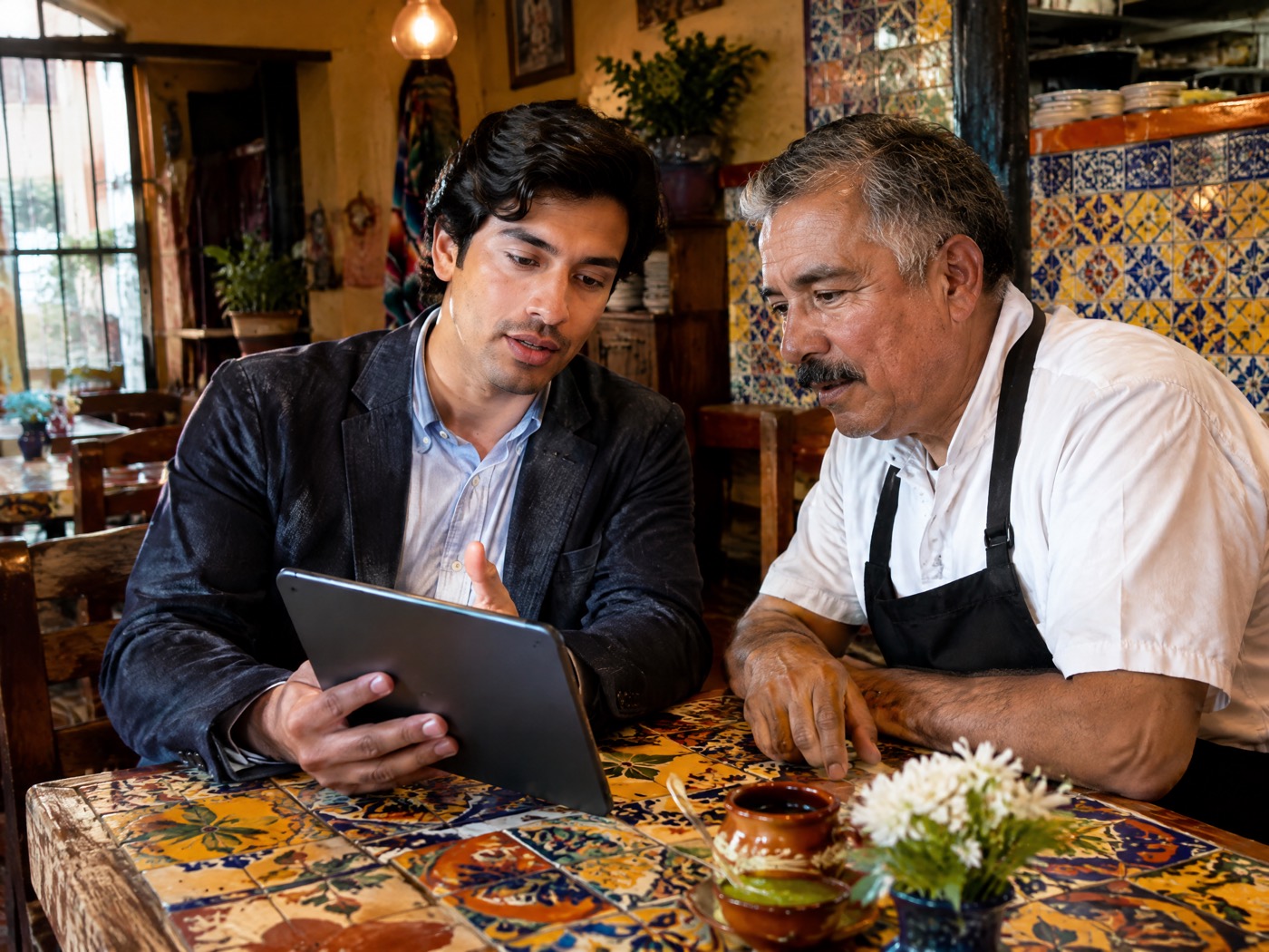 Consultor mostrando un estudio en una tableta al dueño de una taquería